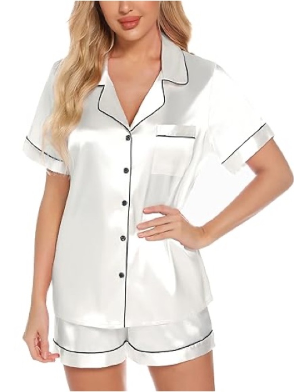 Silky White Short-Sleeve Satin Pajama Set with Black Piping